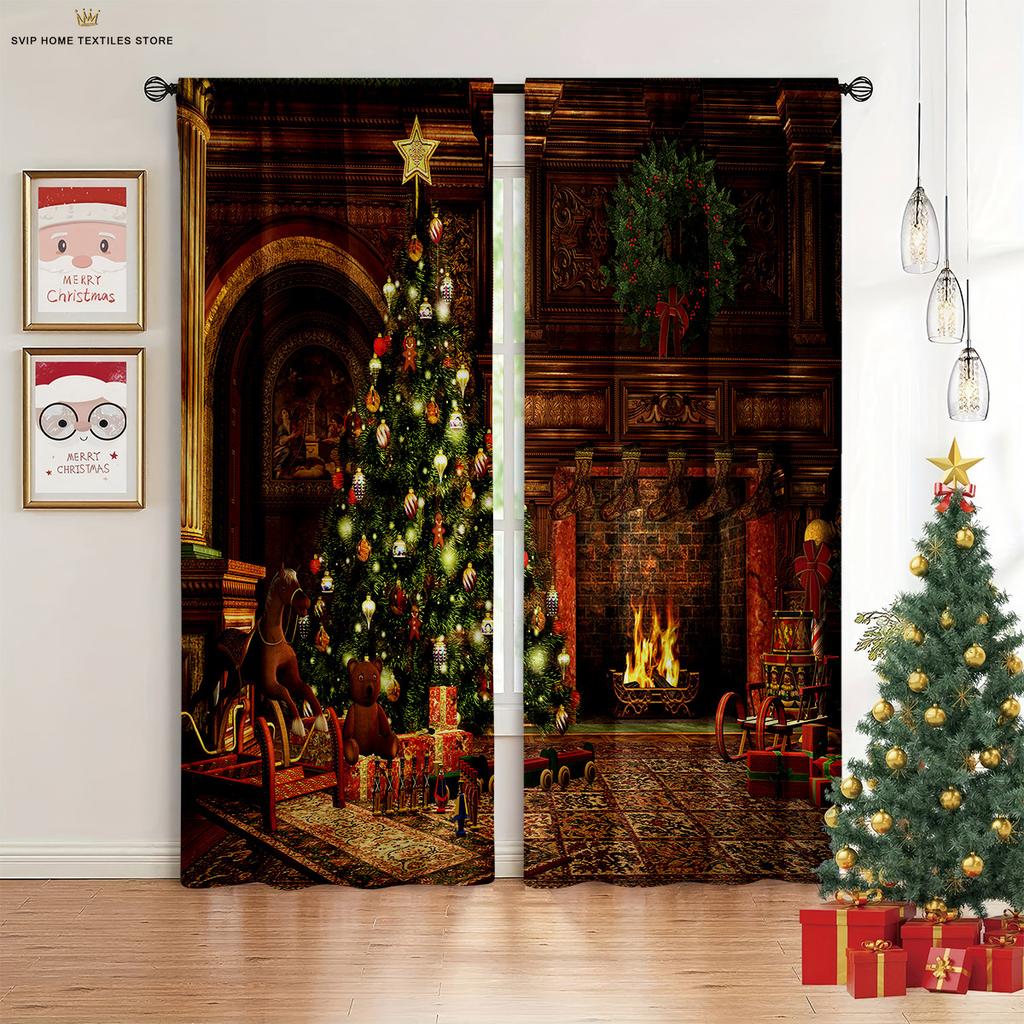 2 Pieces Christmas Decoration Curtains Christmas Tree Fireplace 3D Printing Curtains Suitable for Bedroom Dining Room New Year