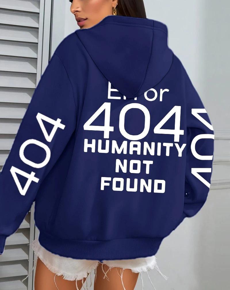Women's Autumn Loose Fleece Hoodie with 'Error 404' Letter Print and Pocket