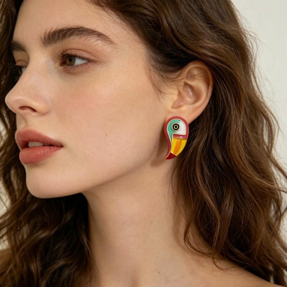 Colorful Parrot Earrings Oil-drip Design Geometric Shape Enamel Toucan Bird Brooch Vintage Style Adjustable Unisex Jewelry