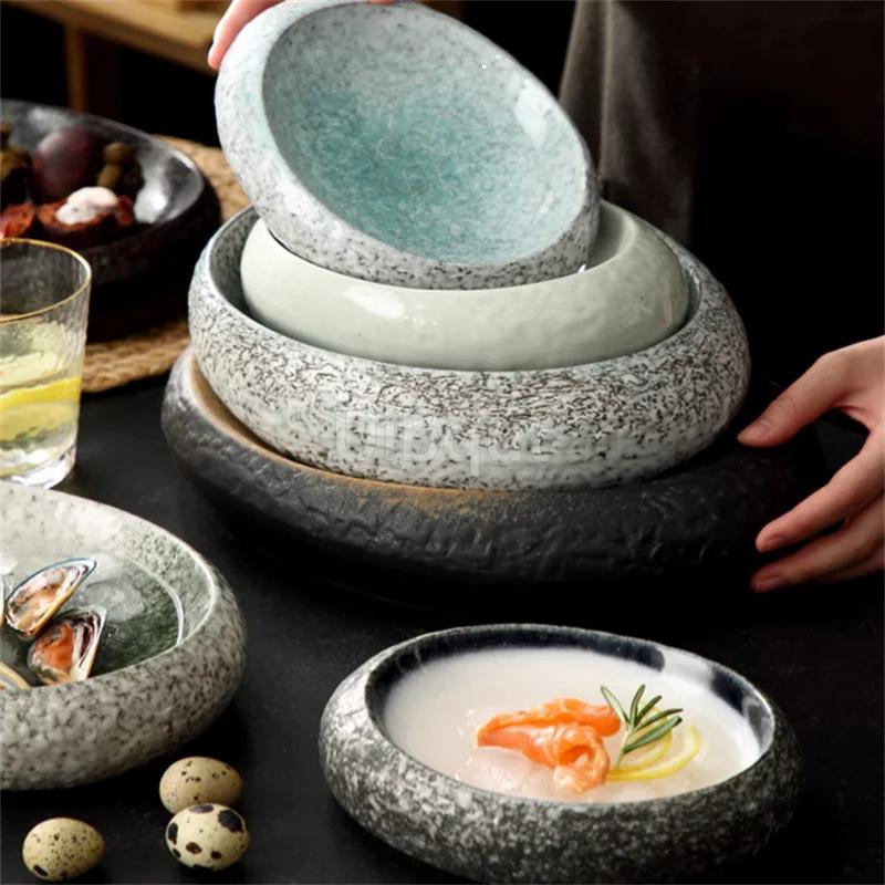 seafood Creative Stone Pattern Ceramic Bowl Thick Edge Sushi Bowl Sashimi Dessert Bowls Soup Bowls Restaurant Special Tableware