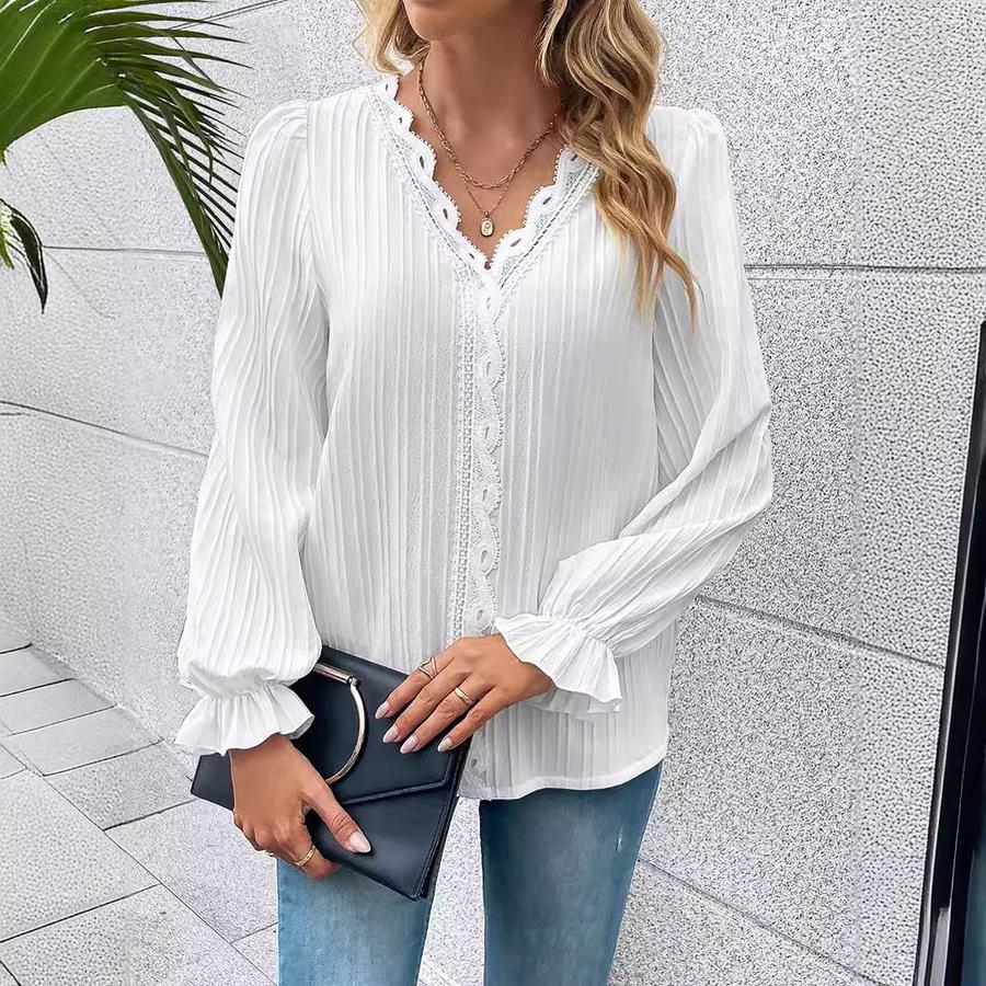 Trendy Fall Long Sleeve V-Neck Lace Trim Patchwork Hollow-Out Women's Blouse