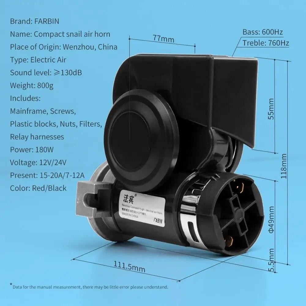 FARBIN Compact Air Horn with Compressor 12V/24V 120db Snail Electric Car Horn Super Loud with Wiring Harness