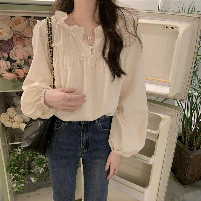 French Style Retro Puff Sleeve Blouse Women Korean Fashion Spliced Ruffles Shirt Ladies Elegant Chic Design Shirts