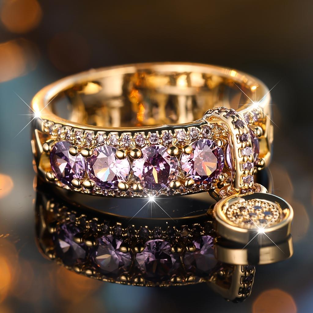 1pc ANGOL Bohemian Purple & Clear Synthetic Synthetic Zirconia Ring for Women, Golden-Tone Wave Design EngaSynthetic Gemstoneent Wedding Jewelry, Ever