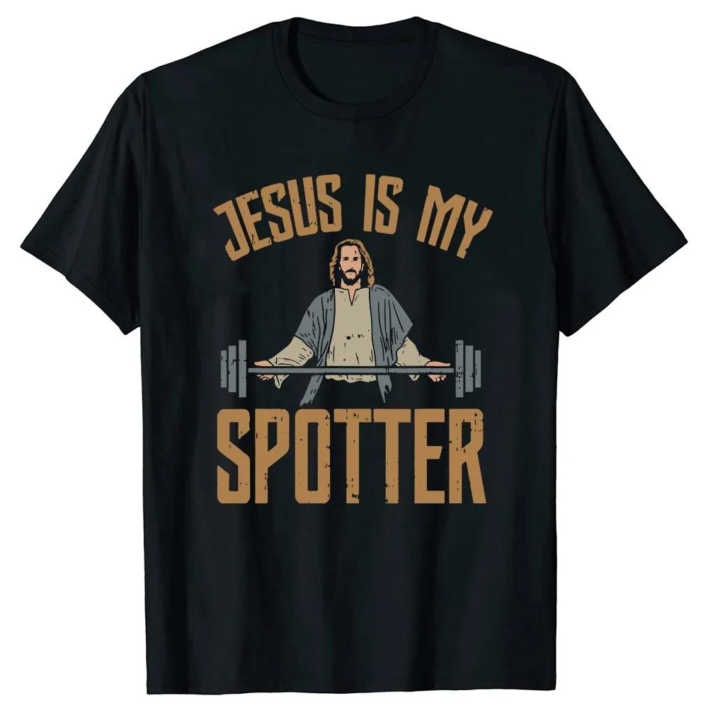 Jesus ist mein Spotter Vintage Unisex T-Shirt Fitnessstudio Gewichtheben Neuheit T-Shirts Kurzarm Rundhals T-Shirts Baumwolle Neue Kleidung