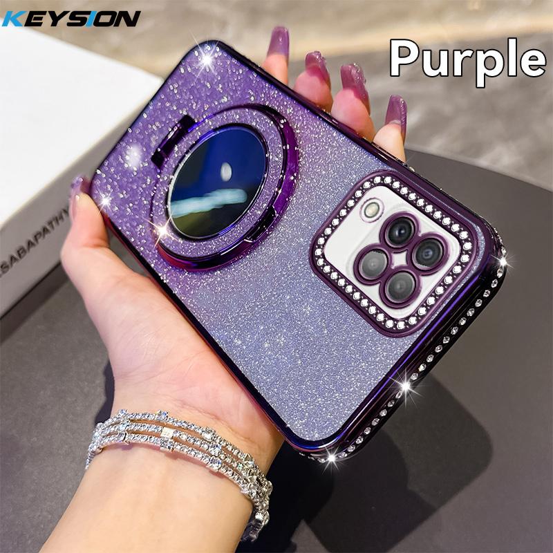 KEYSION Luxury Glitter Jewelled Magnetic Phone Case for Samsung Galaxy A22 A22S 5G A12 M12 Makeup Mirror Stand Shockproof Cover