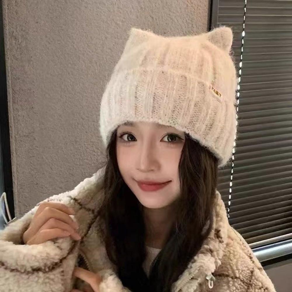 Windproof Knitted Pullover Hat Wool Women Beanie Hats Cute Cat Ears Hat  Female