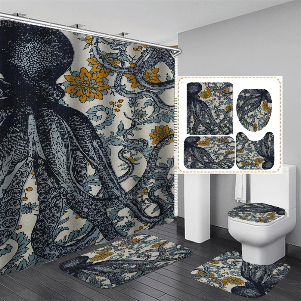 Ocean Monster Octopus Print Shower Curtain Set Waterproof Bathroom Curtain Set With Rugs Toilet Cover Mat For Bathroom Decor