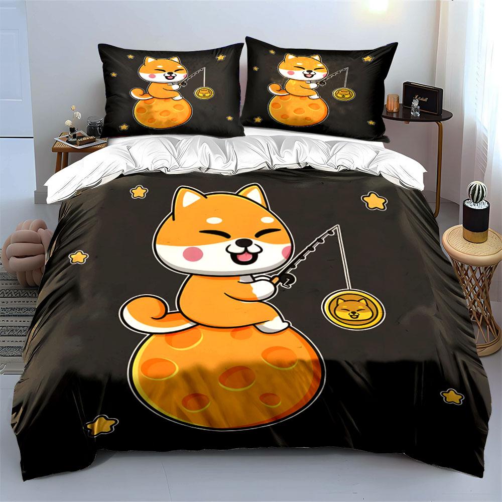 3Pcs Cute Shiba Fishing For Coin On Moon Print Duvet Cover + 2 Pillowcases, Large-Sized Home Decor, Gifts