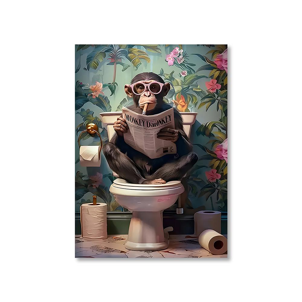 1 Stück rahmenloses lustiges Tier liest Zeitung auf der Toilette Poster Leinwandbild Affe Hund Schwarze Katze Badezimmer Wandkunst Heimdekoration
