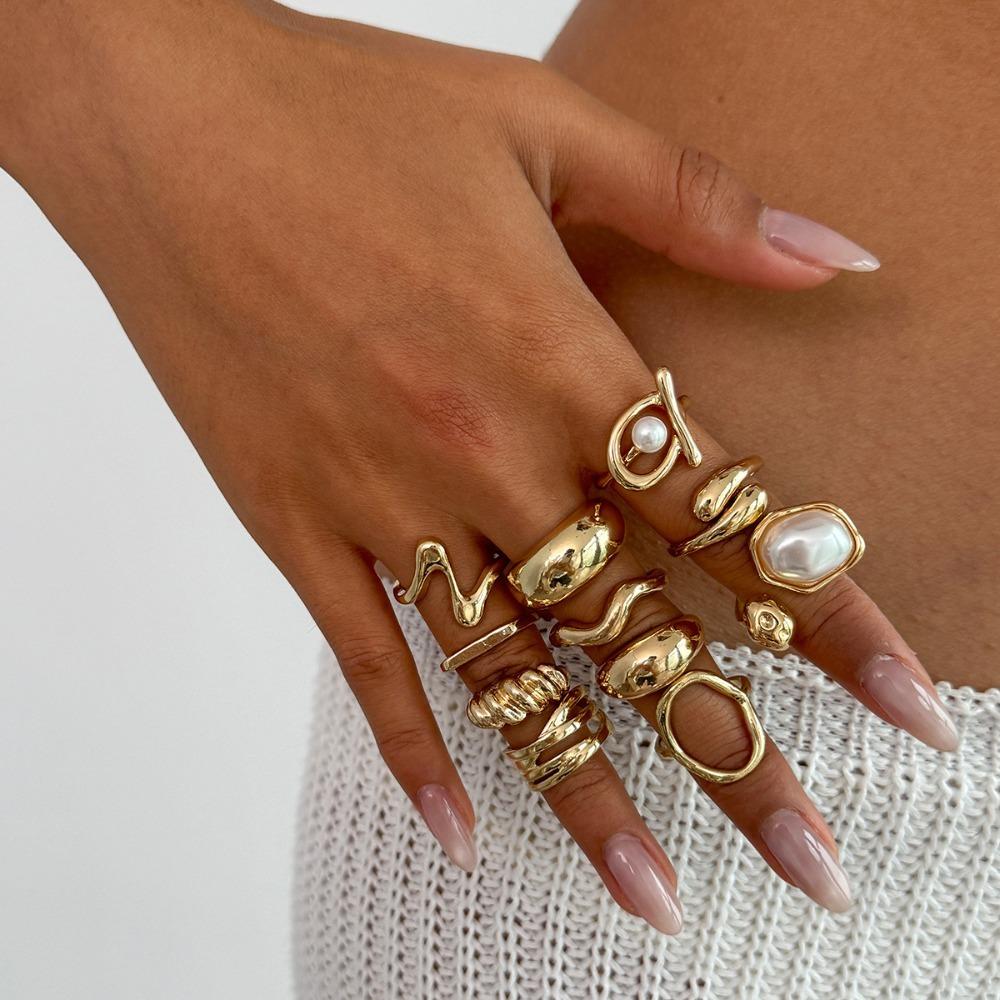 Trendy Irregular Baroque Pearl Ring Set – Geometric Hip-Hop Design, Light Luxury Statement Jewelry for Modern Women