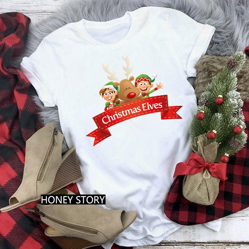 

Fashion Kawaii Cartoon Christmas Santa Elk Graphic Women T-Shirt 90S Cute Summer Loose White Short Sleeve Tees O-Neck Ladies Top XXXL білий
