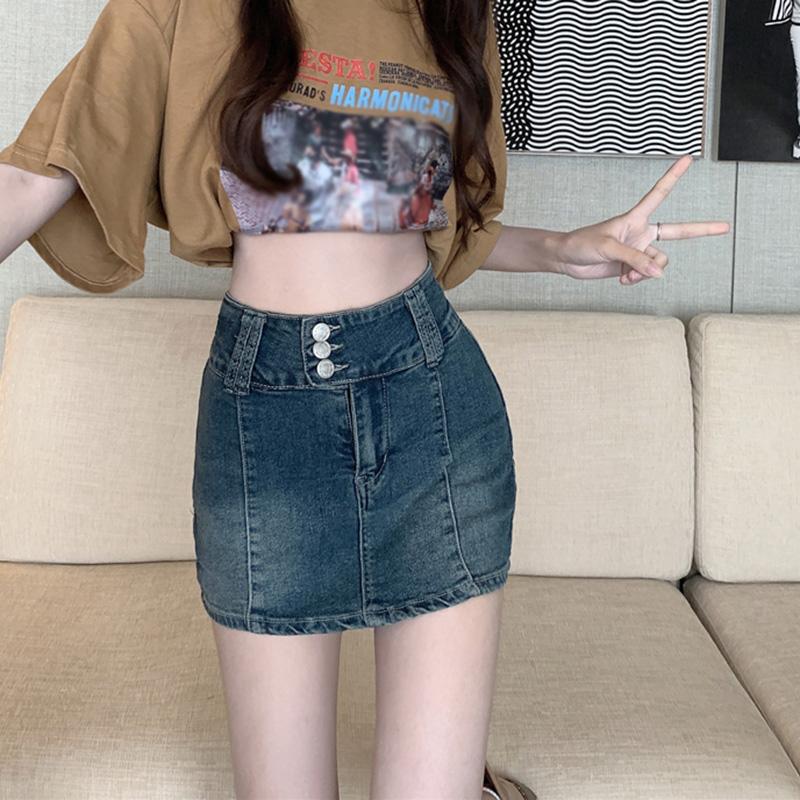 

Жіночі ретро-джинсові спідниці з високою посадкою для схуднення Однотонні міні-спідниці з солодкими стегнами Декоровані міні-спідниці для дівчаток Повсякденний універсальний чарівний костюм XL