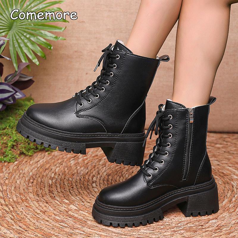 Fashion Women's Winter Warm Short Plush Ankle Boots Comfy Pu Leather High Heels Botas Mujer Fashion Lace Up Zip Platform Modern Boots