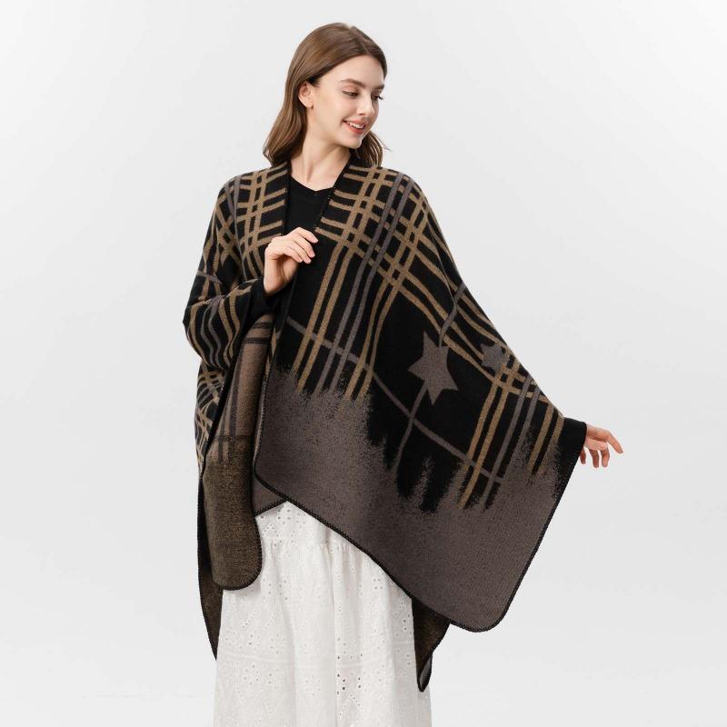 Ladies Autumn and Winter Scarf Shawl Warm Plus Plaid Five-pointed Star Jacquard Cardigan Cape Hwls