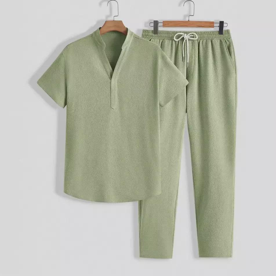 2026 Summer Men's Casual Sports Suit - Short Sleeve & Long Pants, Solid Color