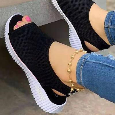 Damenmode, lässig, reine Farbe, gestricktes Netz, bedruckt, flacher Boden, bequeme Trend-All-Match-Sommersandalen