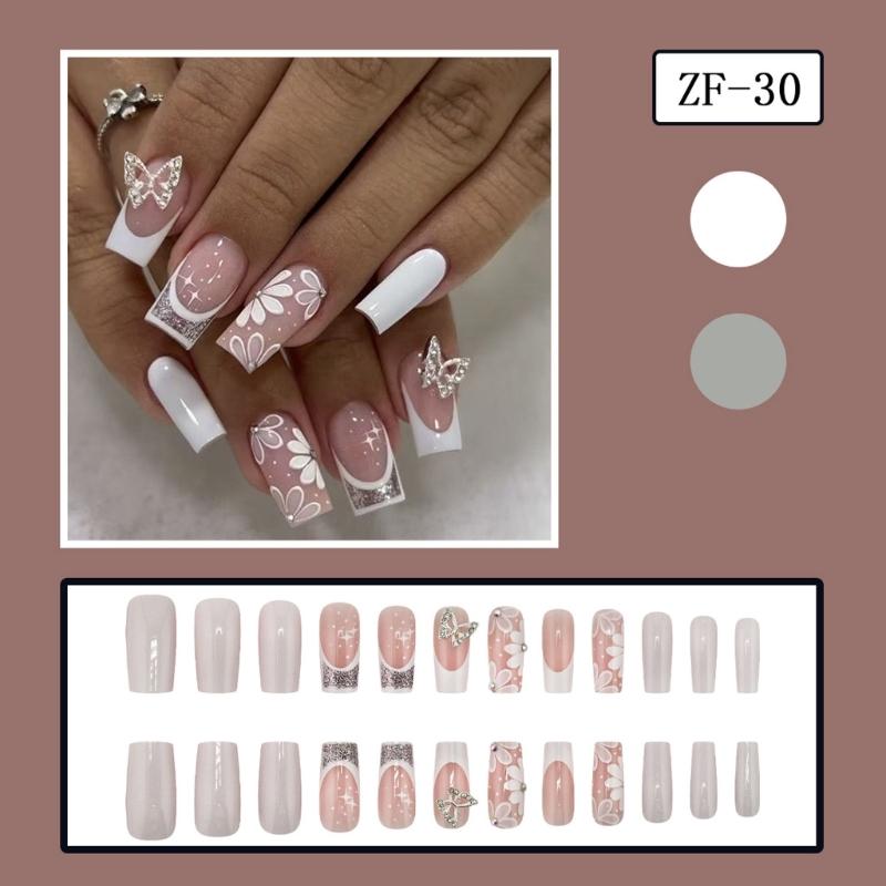 24pcs Simple Yet Stylish Press On Nail French 3D Rhinestones Butterfly and Floral Design Stick On Nail for Celebrations