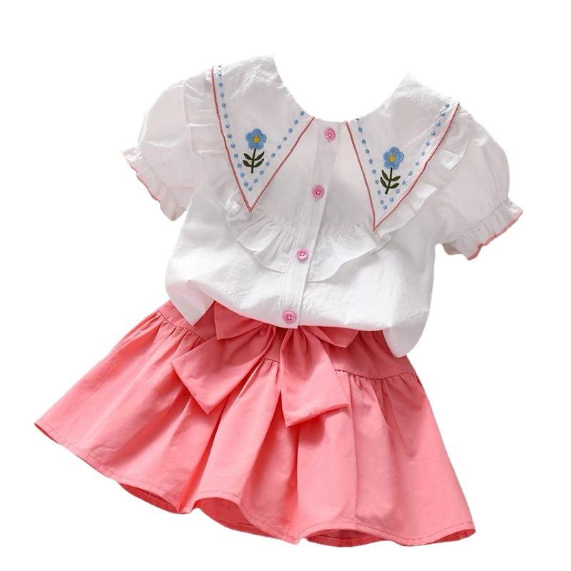 Set Estivo Preppy Due Pezzi per Bambina, Carino Outfit a Manica Corta, Abbigliamento alla Moda per Bambini