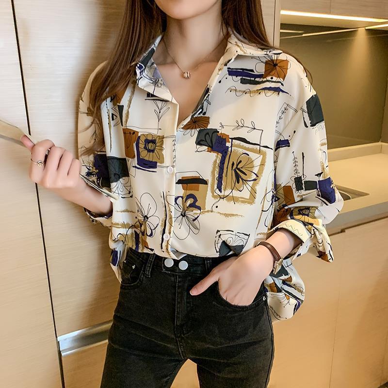 

Весна Осень Y2K Корейский Трендовый Принт Женская Блузка Пуговицы Длинный Рукав Шифон Рубашка Элегантная Мода Универсальная Блузка Топ Женщины XXXL белый