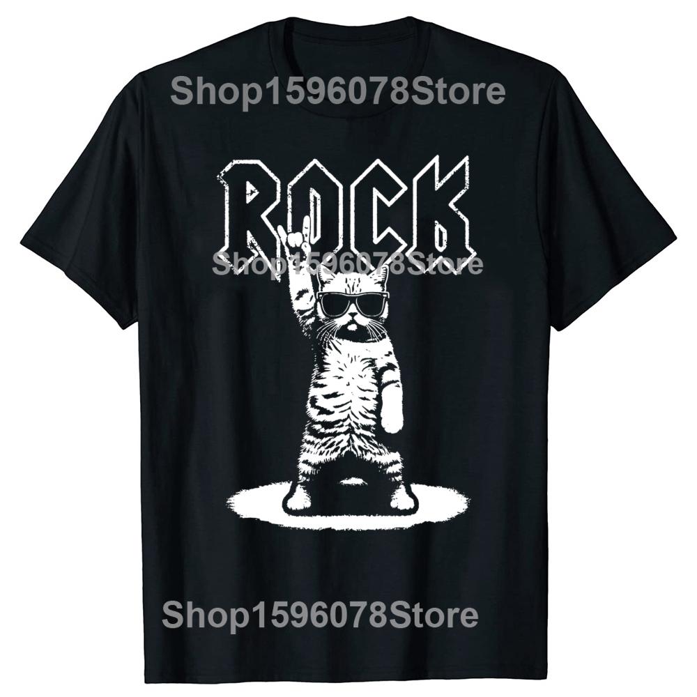 Vtipná retro kočičí rocková hudební trička pro muže a ženy, čistá bavlna, humor, streetwearové tričko s krátkým rukávem, unisex volné oblečení