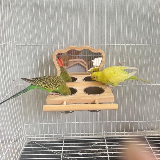 Bird Mirror with Perch Wooden Parrot Perch Feeder Bowls And Mirror Cage Accessories for Budgies Cockatiels Parakeets Canaries