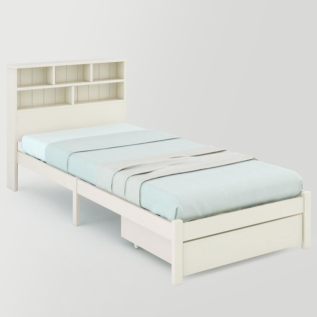 Solid Wood Single Bed with Drawers and Slatted Base, Bookshelf Teenagers and Adults Children's Bed, 90x200cm White