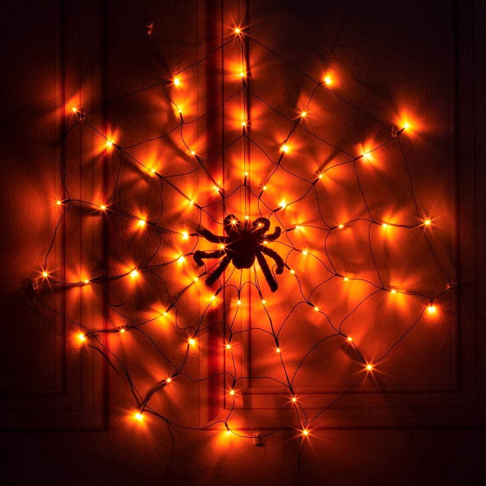 Halloween Spider Web LED String Light Purple Orange Remote Control Halloween Net String Lights 8 Modes Party Decorations