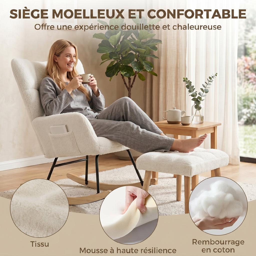 Rocking Chair With Footrest Boucle Fabric Rocking Chair Padded Seat Wide Backrest Cream