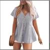 Summer Women's Short Sleeved V-neck Cotton Leprosy Lined Dress Pleated Solid Color Beach Cover Shirt