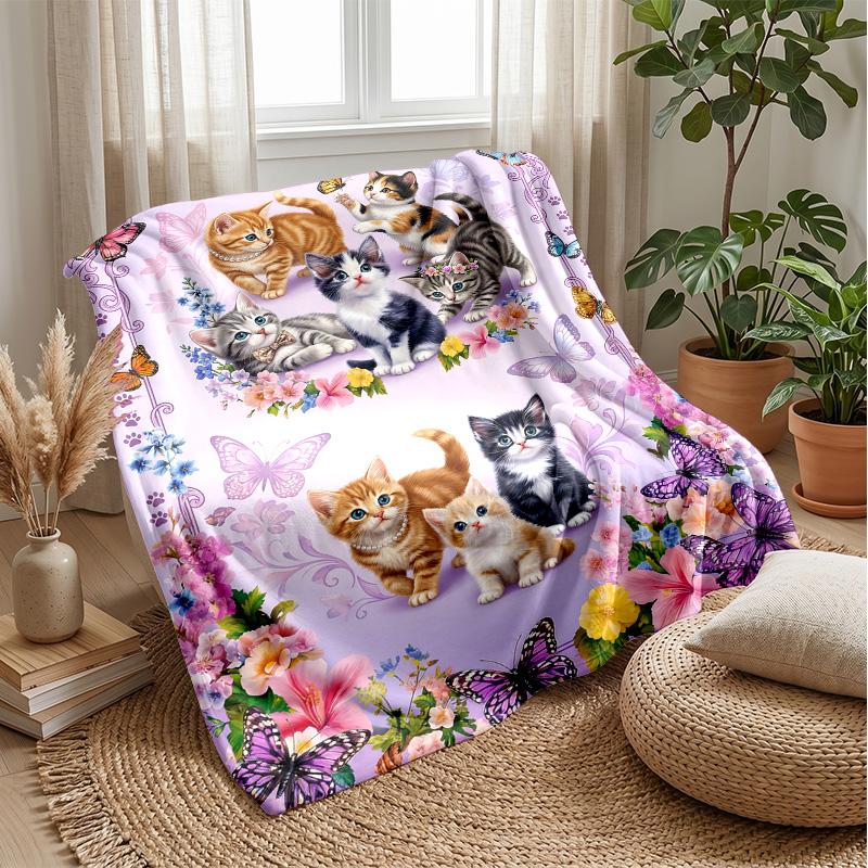 Kittens and Butterflies Theme blanket Lightweight Warm Flannel Blanket Decorative Throw Blanket for Home Decoration