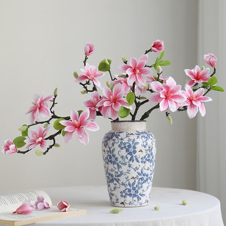 New Chinese Style Hand-Feel Magnolia Artificial Flower Stem for High-End Living or Dining Room Display