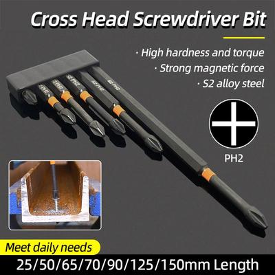 Cross Head Screwdriver Bits Set Strong Magnetic Impact 25/50/65/70/90/150mm PH2 Phillips Hex Shank Electric Screwdriver Tools