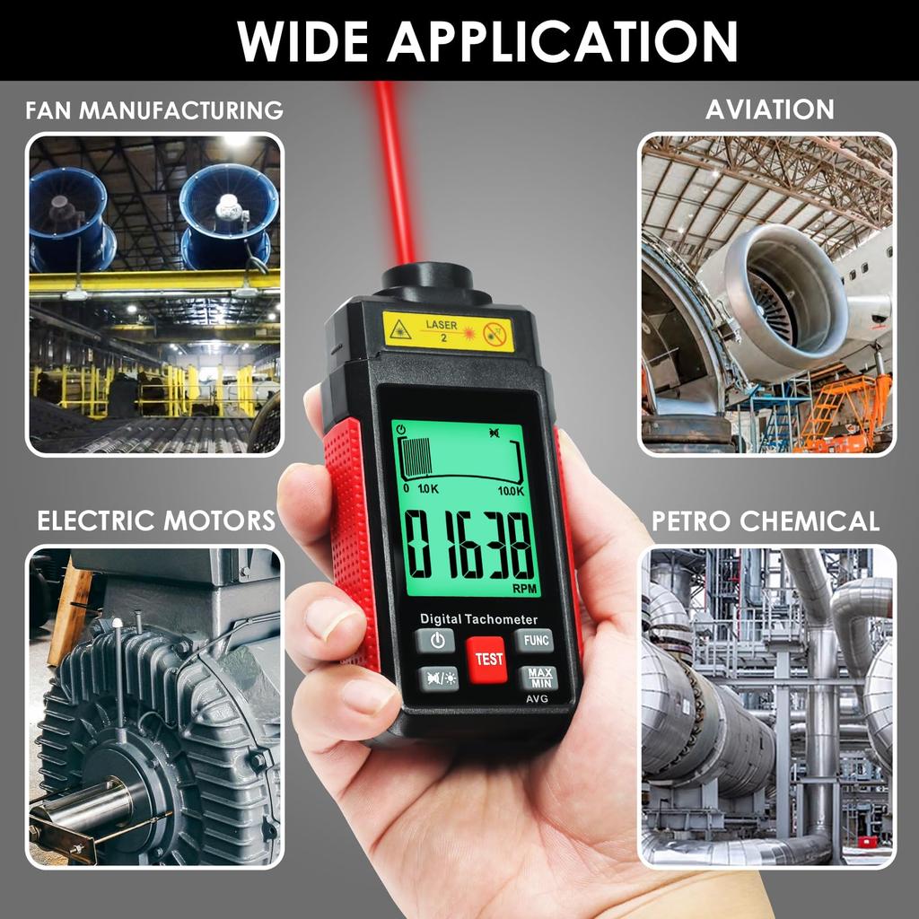 Digital Tachometer with Two Measurement Laser Photoelectric LCD Reflective Tape for and DIY Applications Non-Contact Modes, 10-99999 RPM,