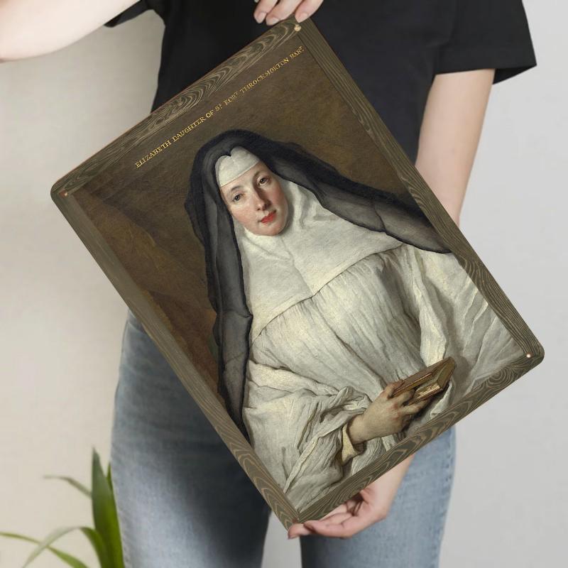 

European Classical Nun Portrait Decorative Iron Painting Vintage Oil Painting Style Home Wall Art Decoration 20x30cm（7.8x11.8inch）