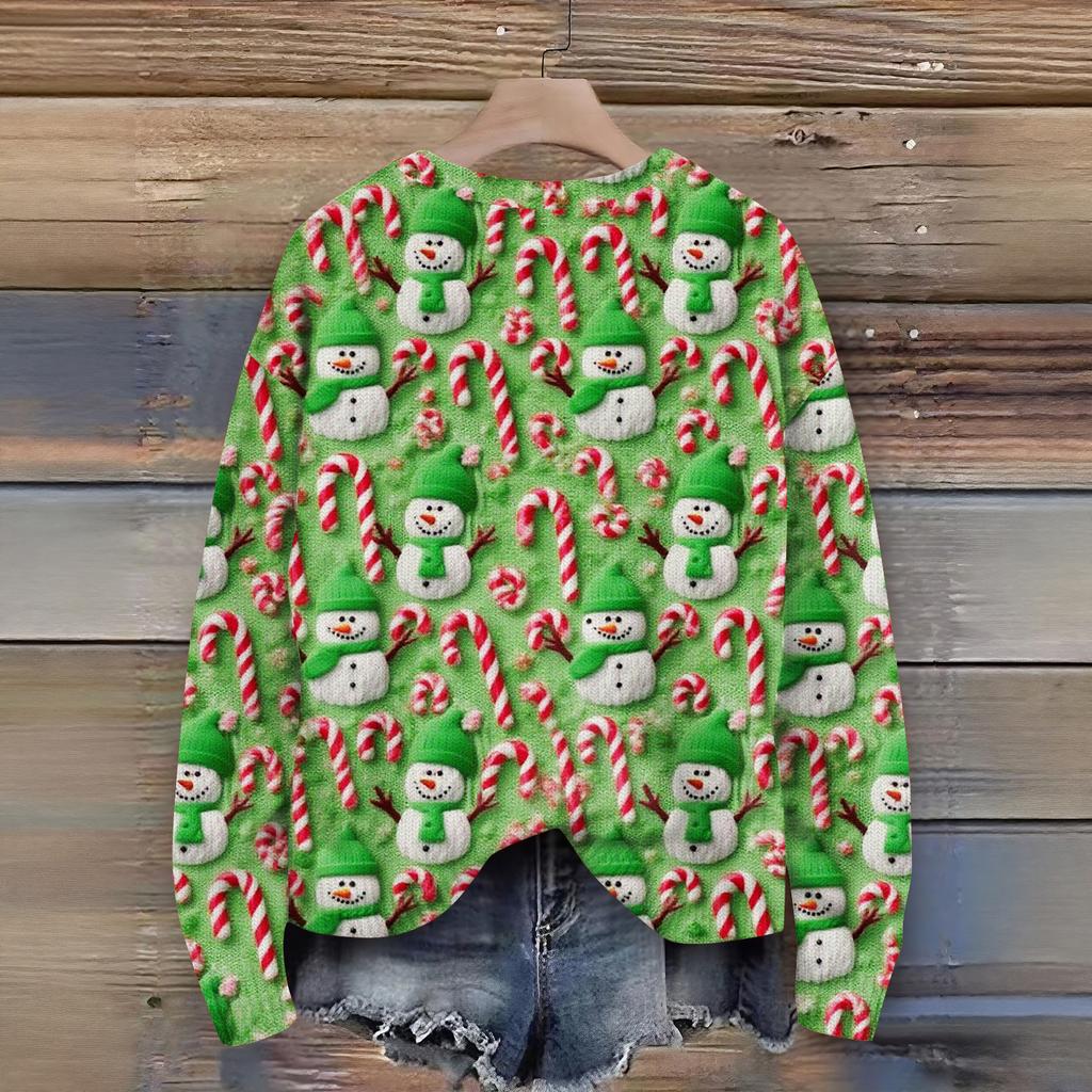 Women's Christmas Print Cardigan Long Sleeve Round Neck Knit Top