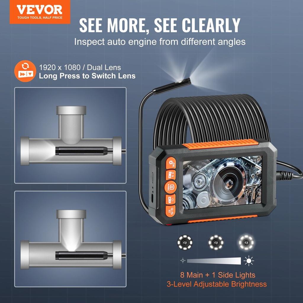 Endoscope Camera with Lights Dual Lens Borescope 49.2FT Cable 4.3" Screen