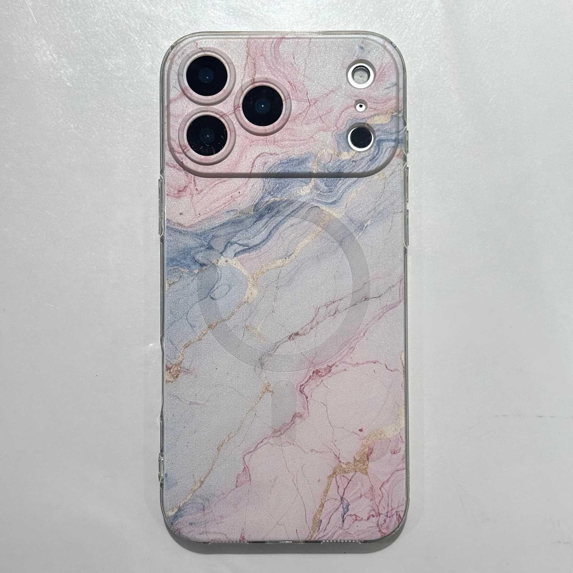 Gradient Marble Pattern iPhone 17 Case with MagSafe Bracket - Blue & Pink iPhone 14