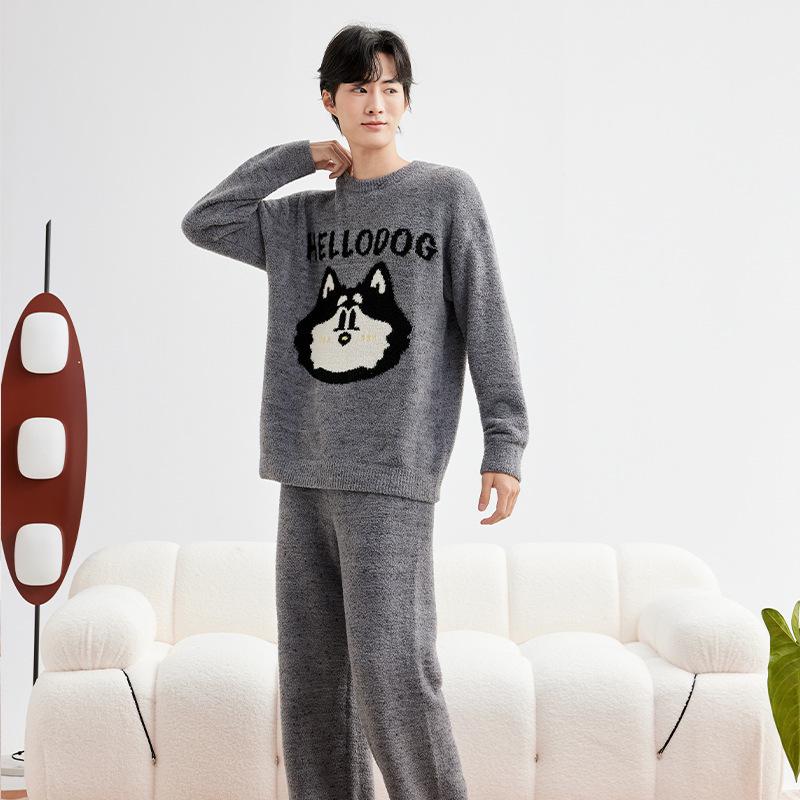Cozy Husky Print Velvet Pullover Pajamas Set for Women & Couples, Suitable for Indoor & Outdoor Wear