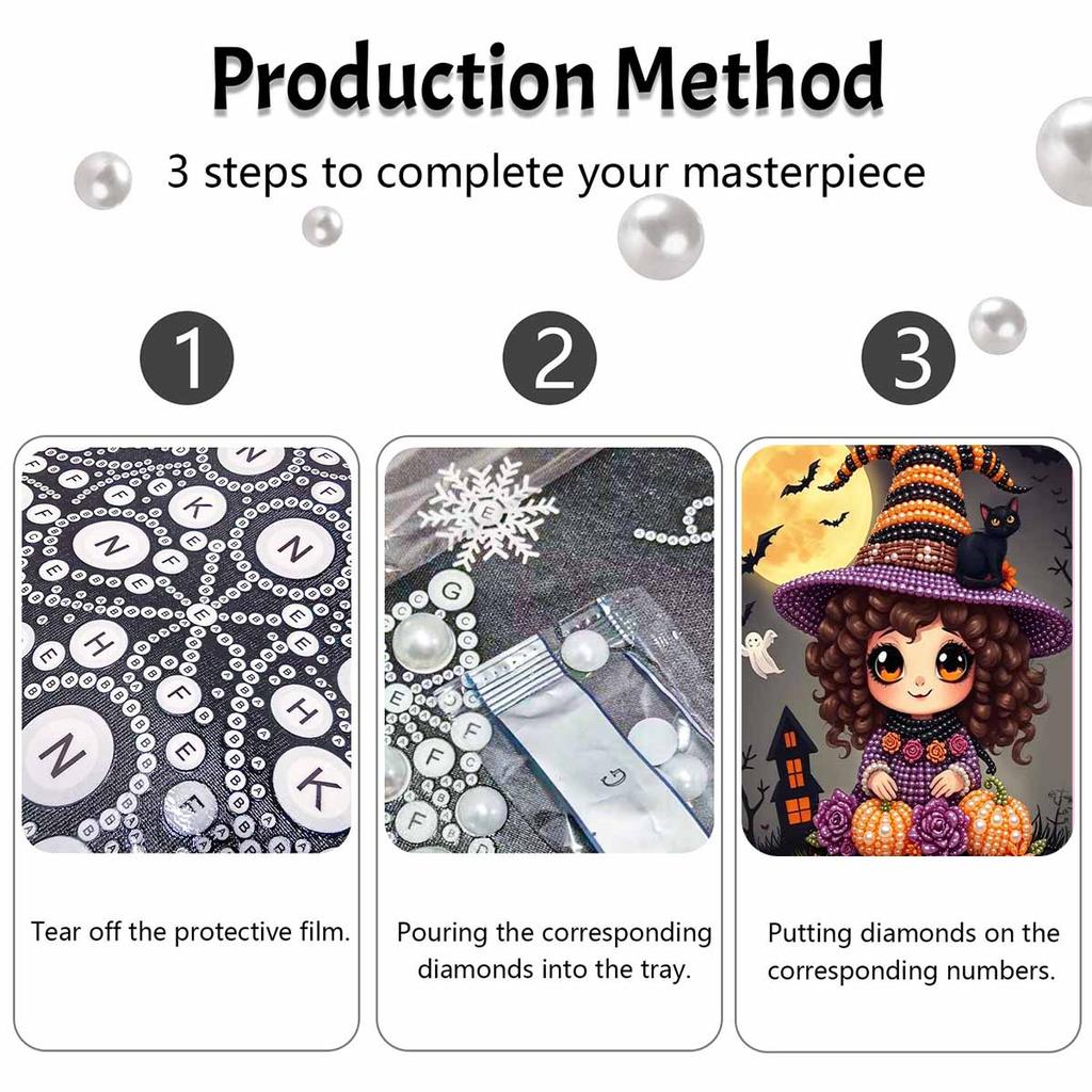 Halloween Pearl Painting Art Full Pearl Handmade Diy Home Decorations Witch Cat Pumpkin Moon Bats Design Art Craft Kit