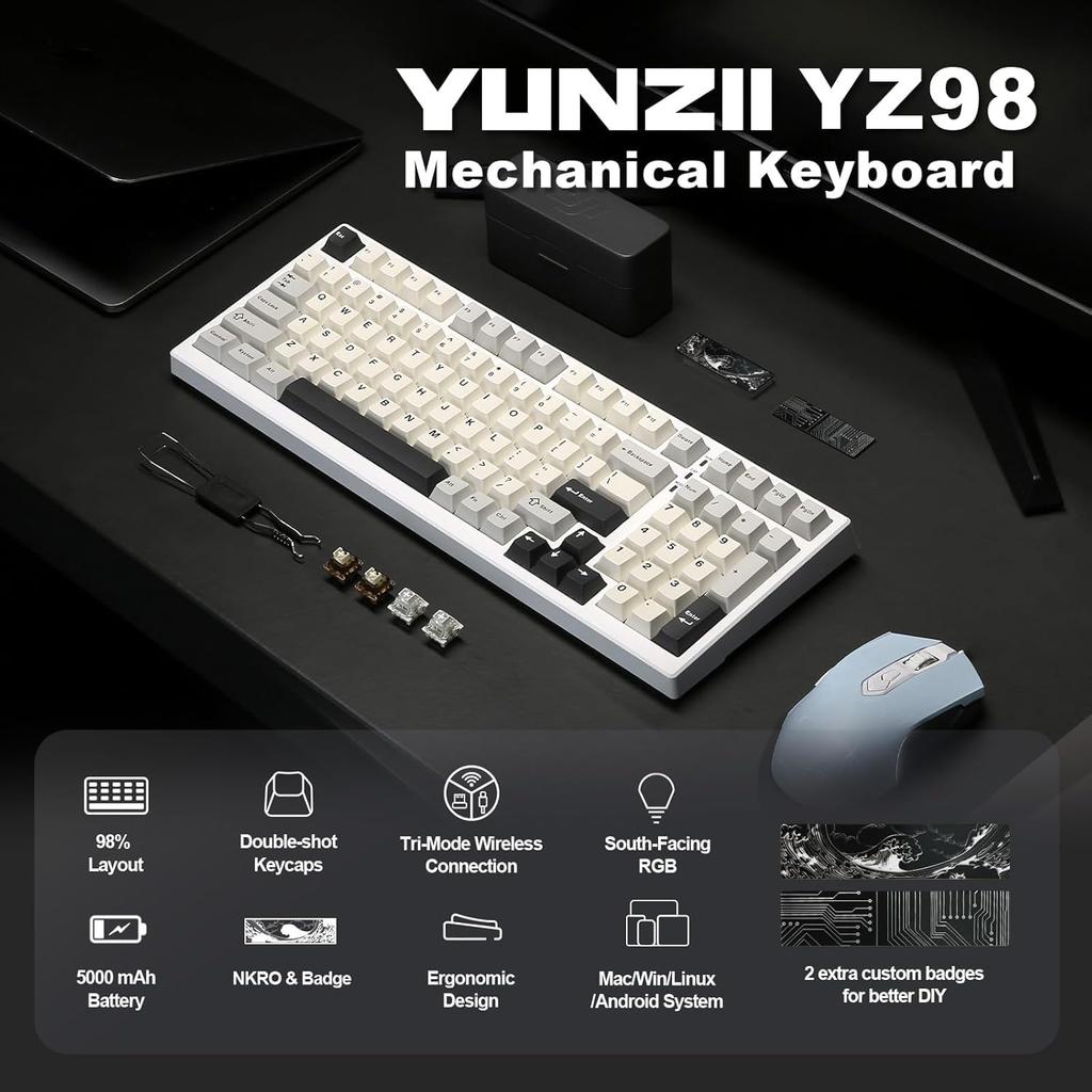 YUNZII YZ98 Mechanical Keyboard with Wireless Gaming NKRO 1800 for Technical Standards Certification 99-Key Gasket, Hot-Swappable, BT5.0/2.4G/USB-C
