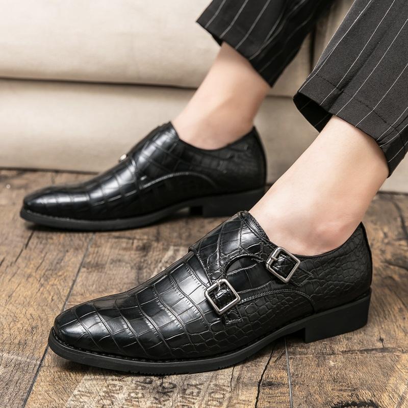 Fashion Britain New Men Pointed Black Slip On Monk Strap Flats Patent Leather Shoes Casual Loafers Formal Dress Footwear Zapatos Hombre
