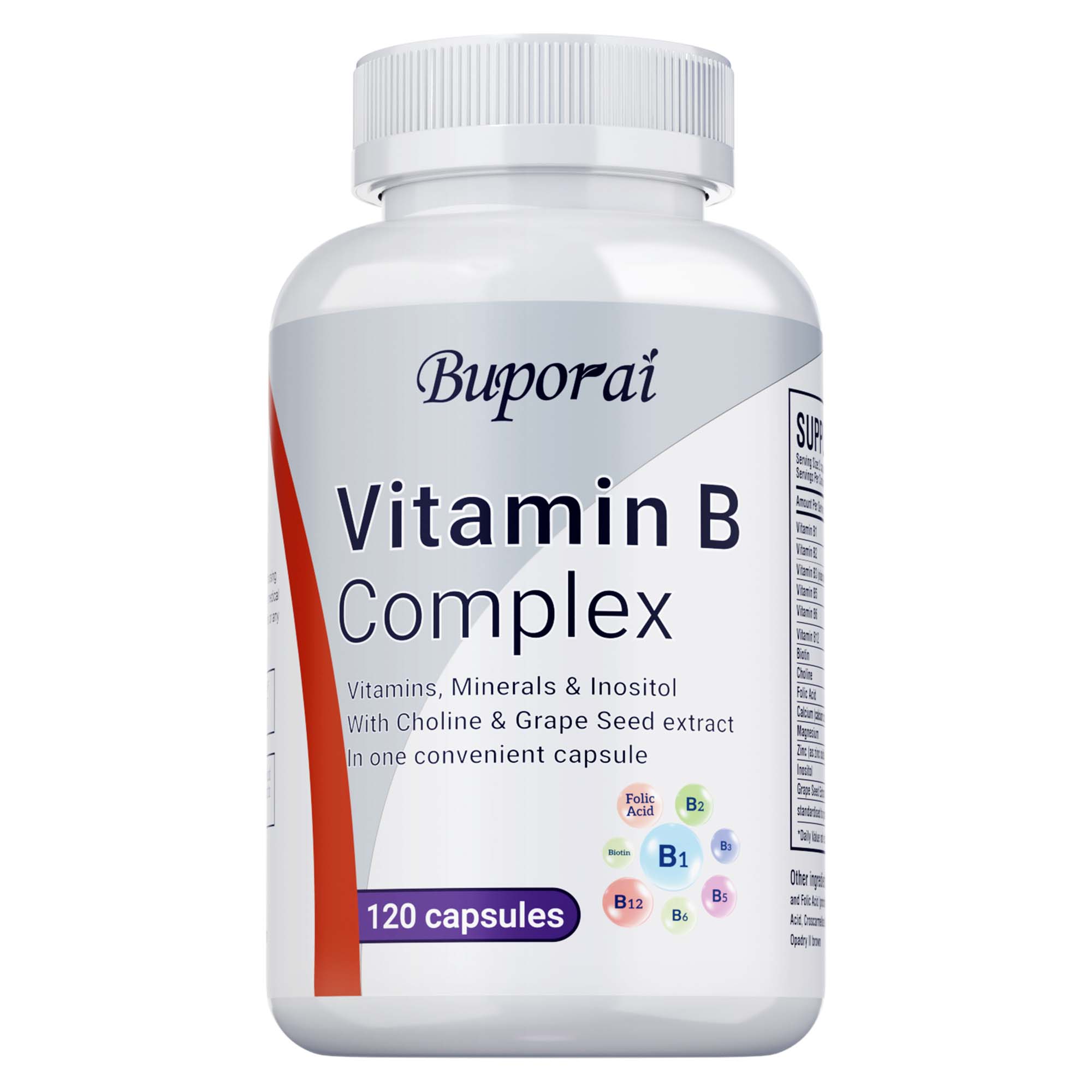

Capsules containing B vitamins, all-natural, boost energy, suitable for vegetarians and adults. 120
