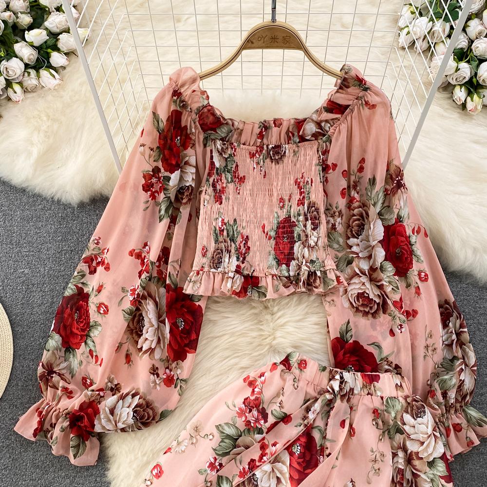 Fashion Set Women's  Long Sleeve Square Neck Slim Fit Chiffon Shirt 2 Two Pieces Suits Sets High Waist Slim Wide L
