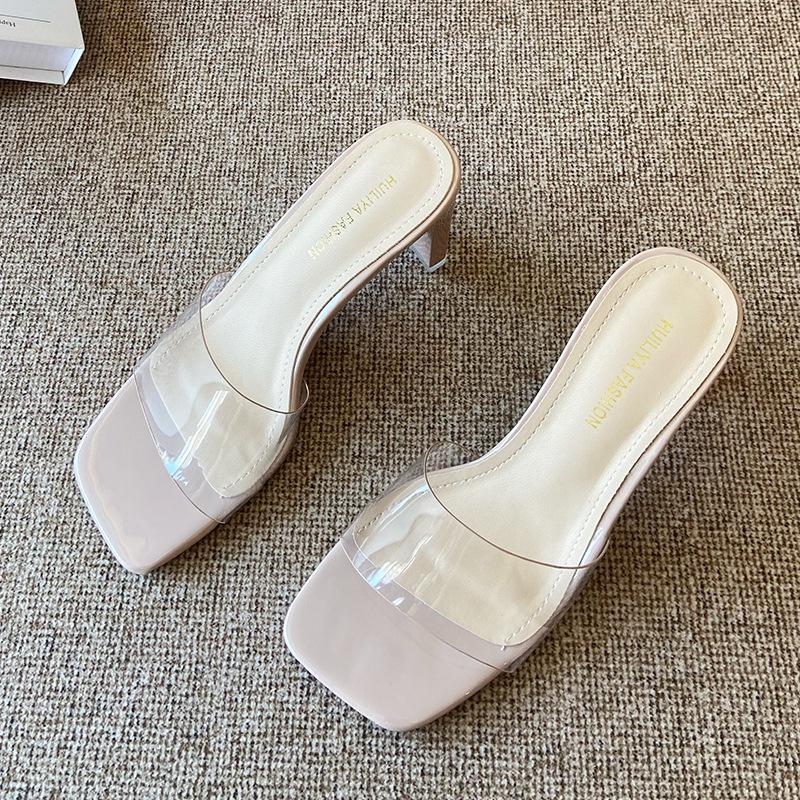 

X281-1 фея темперамент толстый каблук прозрачные тапочки на одной перемычке 2025 лето новая носка легкие и прохладные шлепанцы 40 розовый