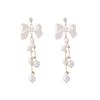 Korean Simple Imitation Pearl White Bowknot Long Tassel Earring for Women Personality Geometry Ear Jewelry Korean Fashion