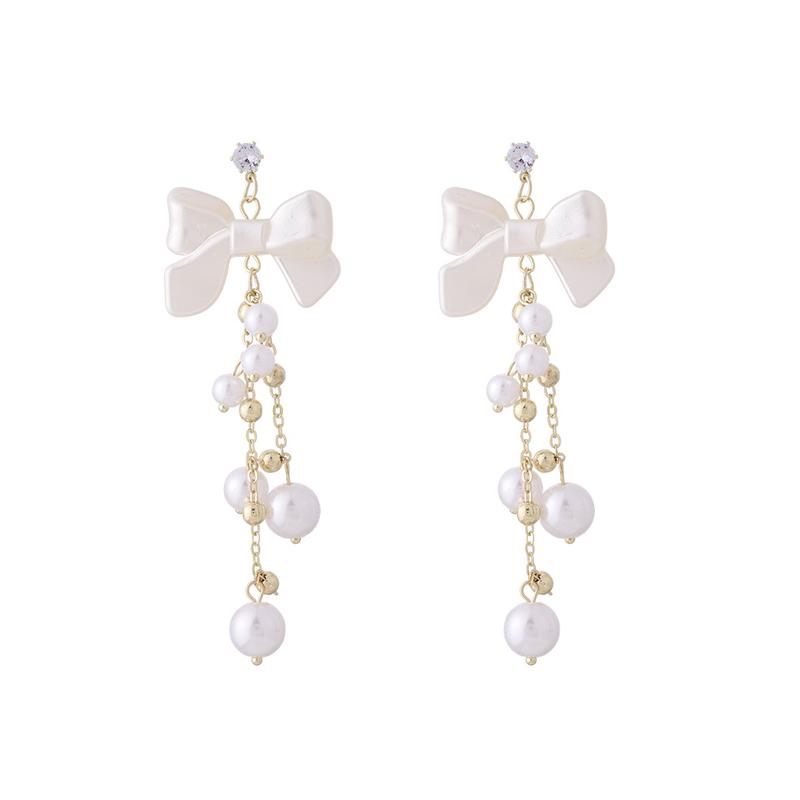 Korean Simple Imitation Pearl White Bowknot Long Tassel Earring for Women Personality Geometry Ear Jewelry Korean Fashion