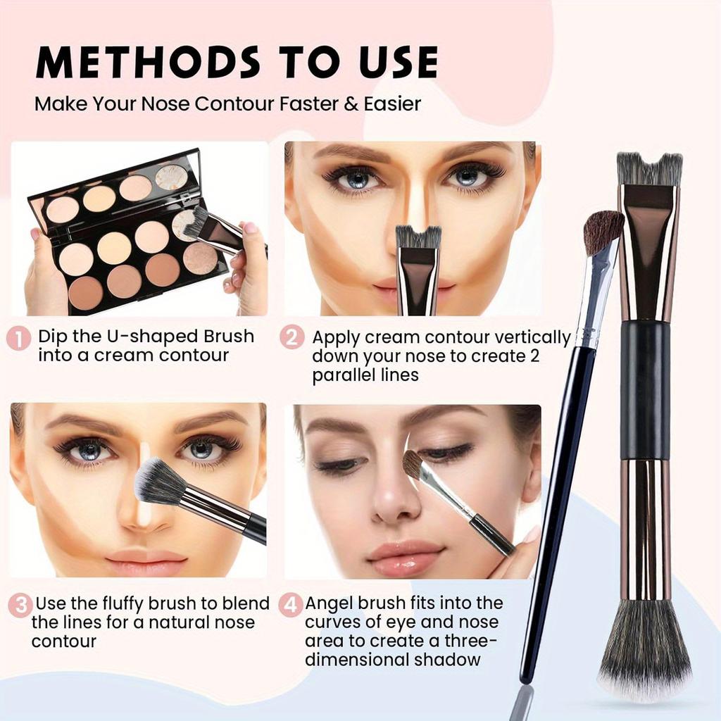 2Pcs Nose contour brush, 2-in-1 U-shaped brush and fluffy brush, angled inclined brush