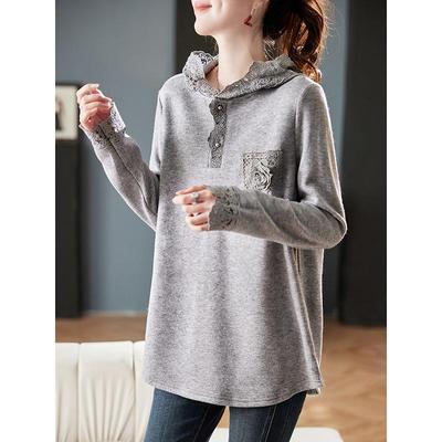 Sudadera de Largo Medio con Manga Larga y Encaje, Estilo Coreano, Suelta Casual con Capucha, Botones, Top Versátil