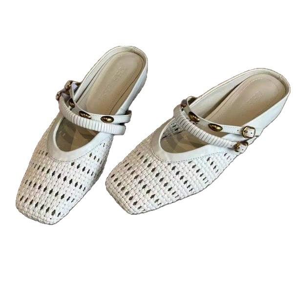Soft Leather Version~ Versatile Black Hand-woven Hollow Breathable Bag Head Shoes Women's Metal Word with Square Head Half Slippers